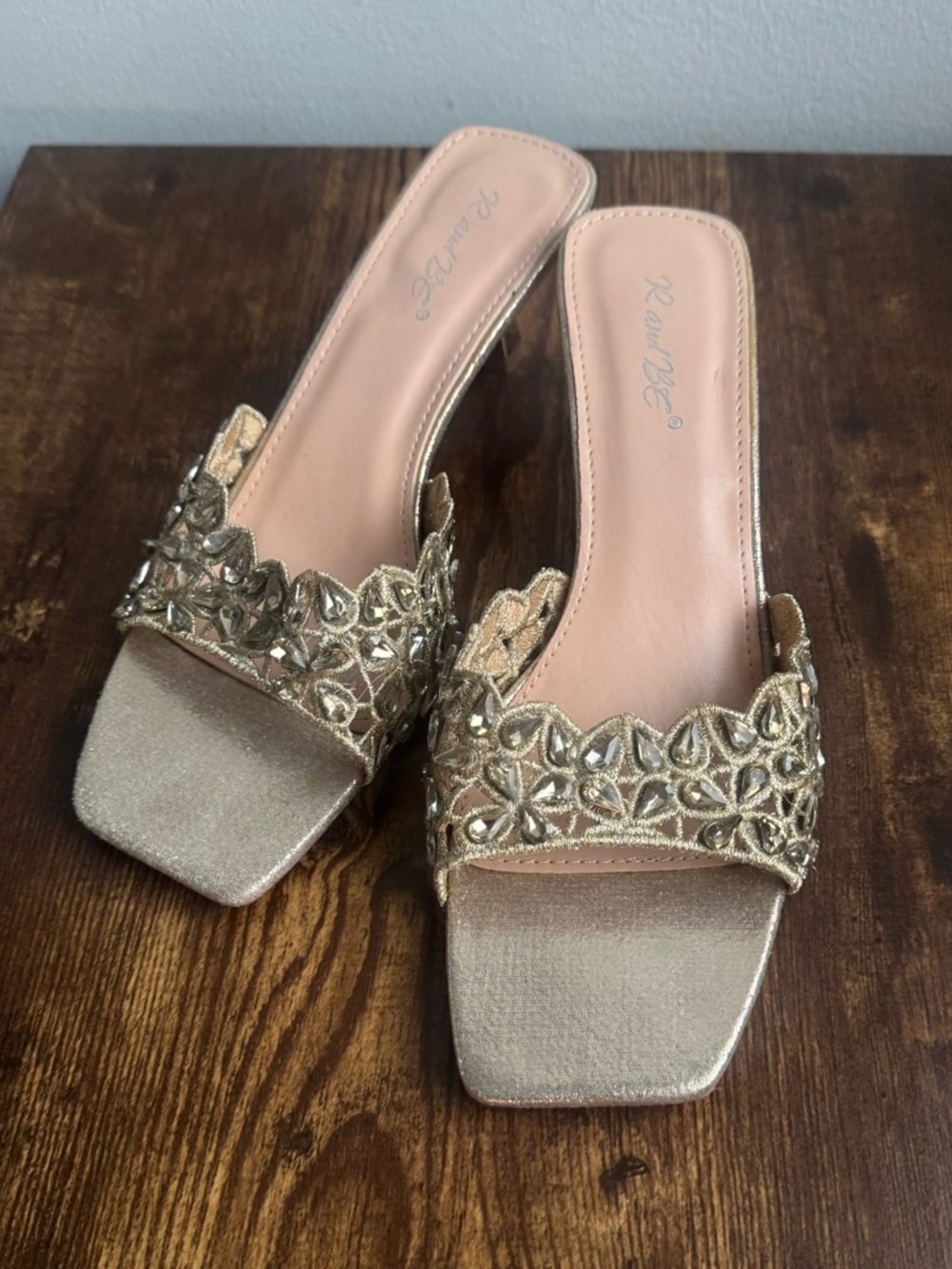 R & Be Gold Square Toe Slip-on Heels Mules with Crystals